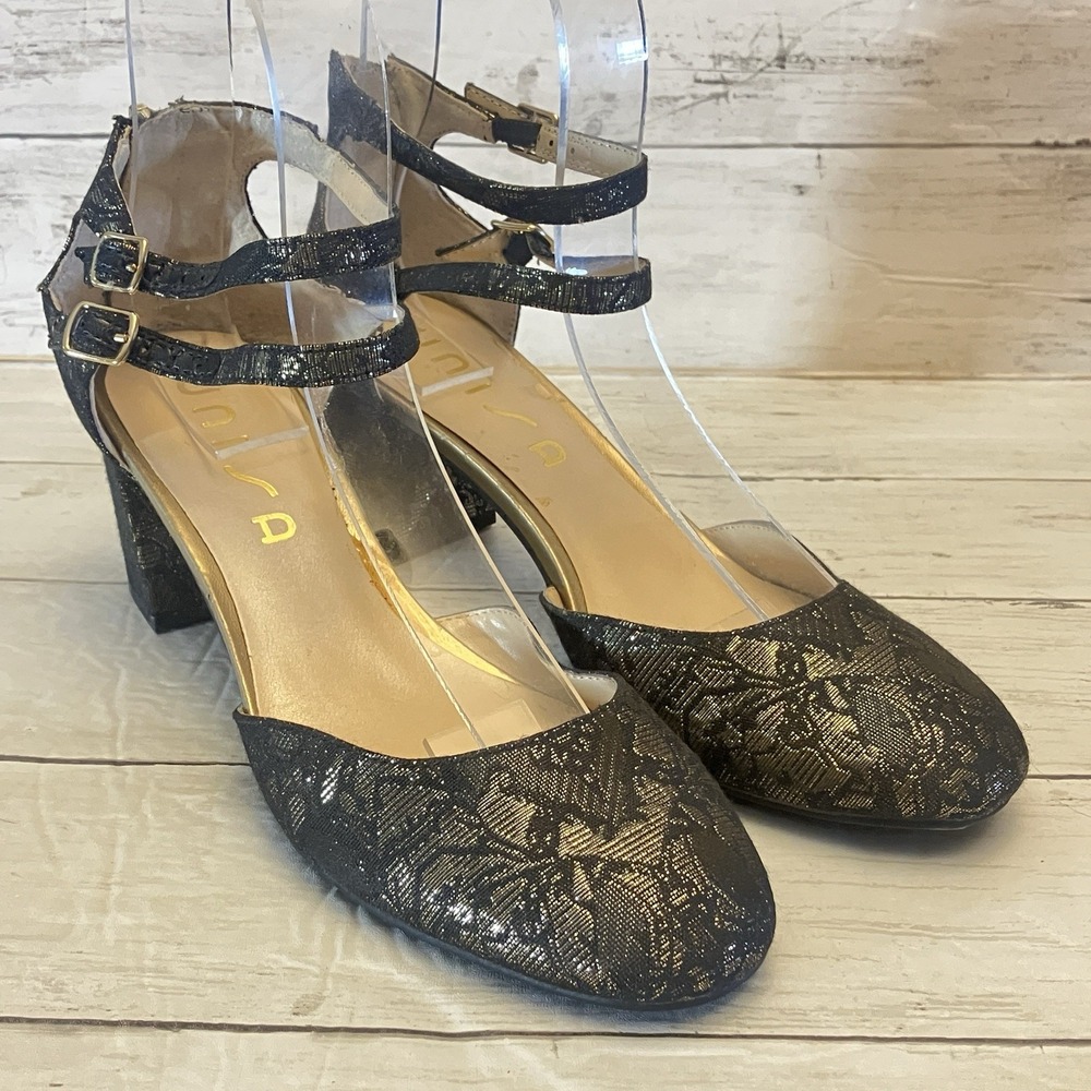 Unisa Heels Womens‎ 8 Black Gold Brocade Ungeorgie Double Ankle Strap Block Heel